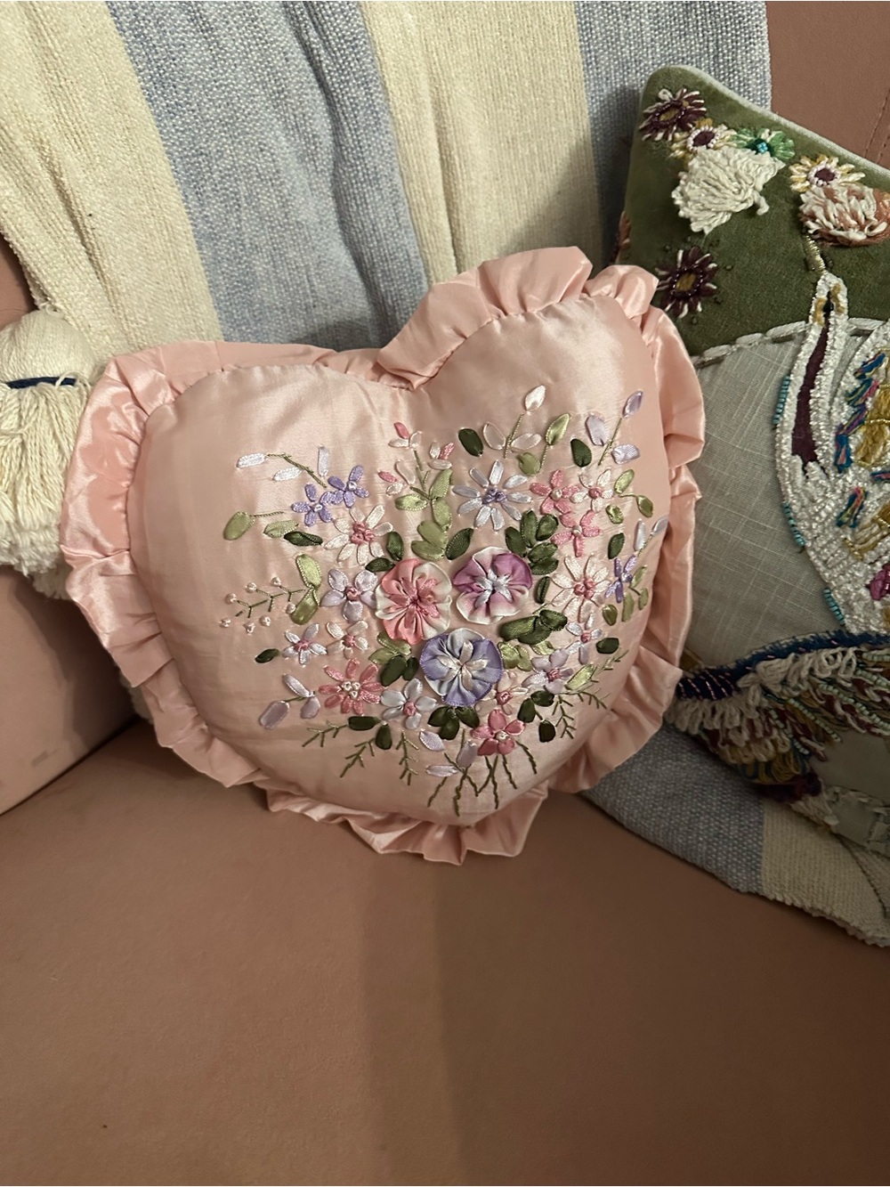 Embroidered Pink Heart Pillow with Floral Ribbonwork